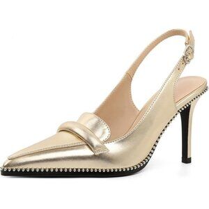 Women Gold Pu Stiletto Beaded Shoes Pointed Toe Slip On Loafers Slingback Heel